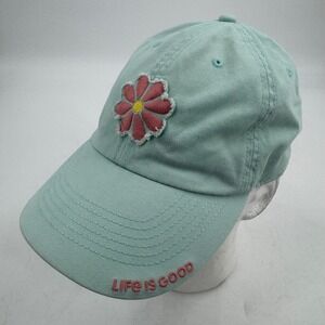 Life Is Good Daisy Flower Baseball Cap Aqua Blue Adjustable One Size Cotton